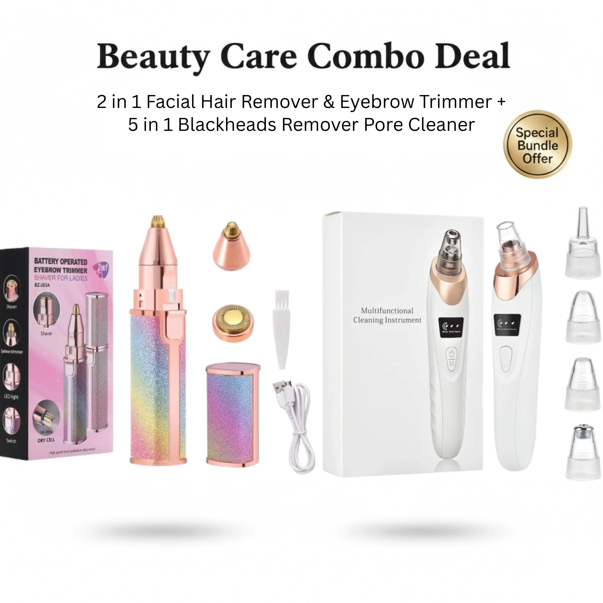 2 in 1 Facial Hair Remover/ Eyebrow Trimmer & 5 in 1 Pore Cleaner Blackheads Remover | Rechargeable